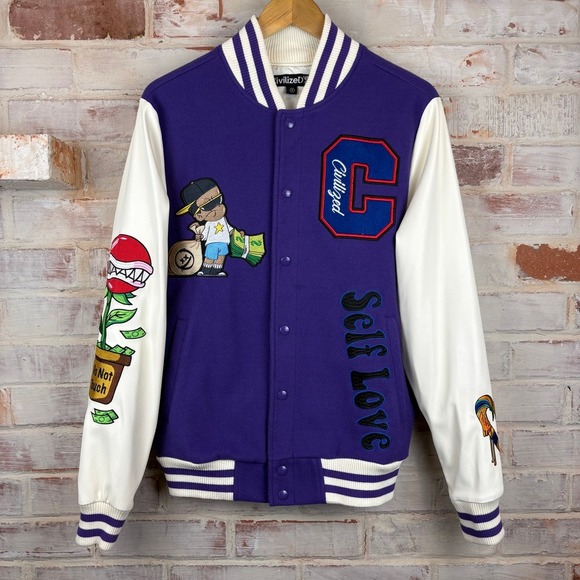 Civilized Other - Civilized Self Love Varsity Jacket Small Purple Embroidered Letterman Bomber -S
